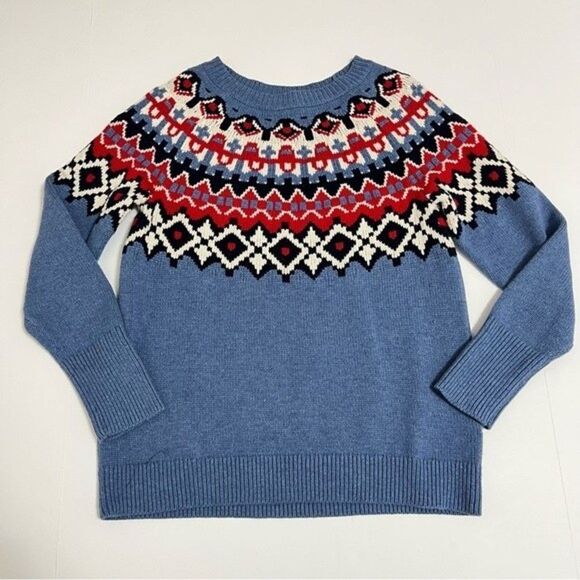 Chaps Womens  Sweater Small Blue Red Fair Isle Round Yoke Pullover - Picture 7 of 8